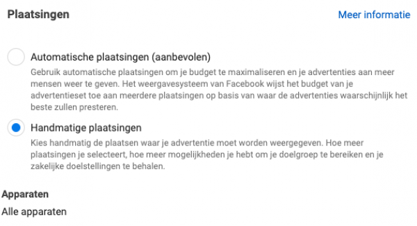 Een screenshot van advertentieplaatsingsopties voor Facebook reclame